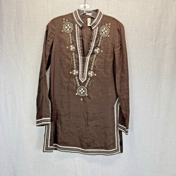 Old Navy Perfect Fit 100% Linen Ethnic Brown Embroidered Tunic‎ XS - Picture 1 of 9